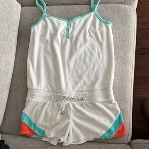 Juicy Couture White Terry Romper with Turquoise & Coral Trim
